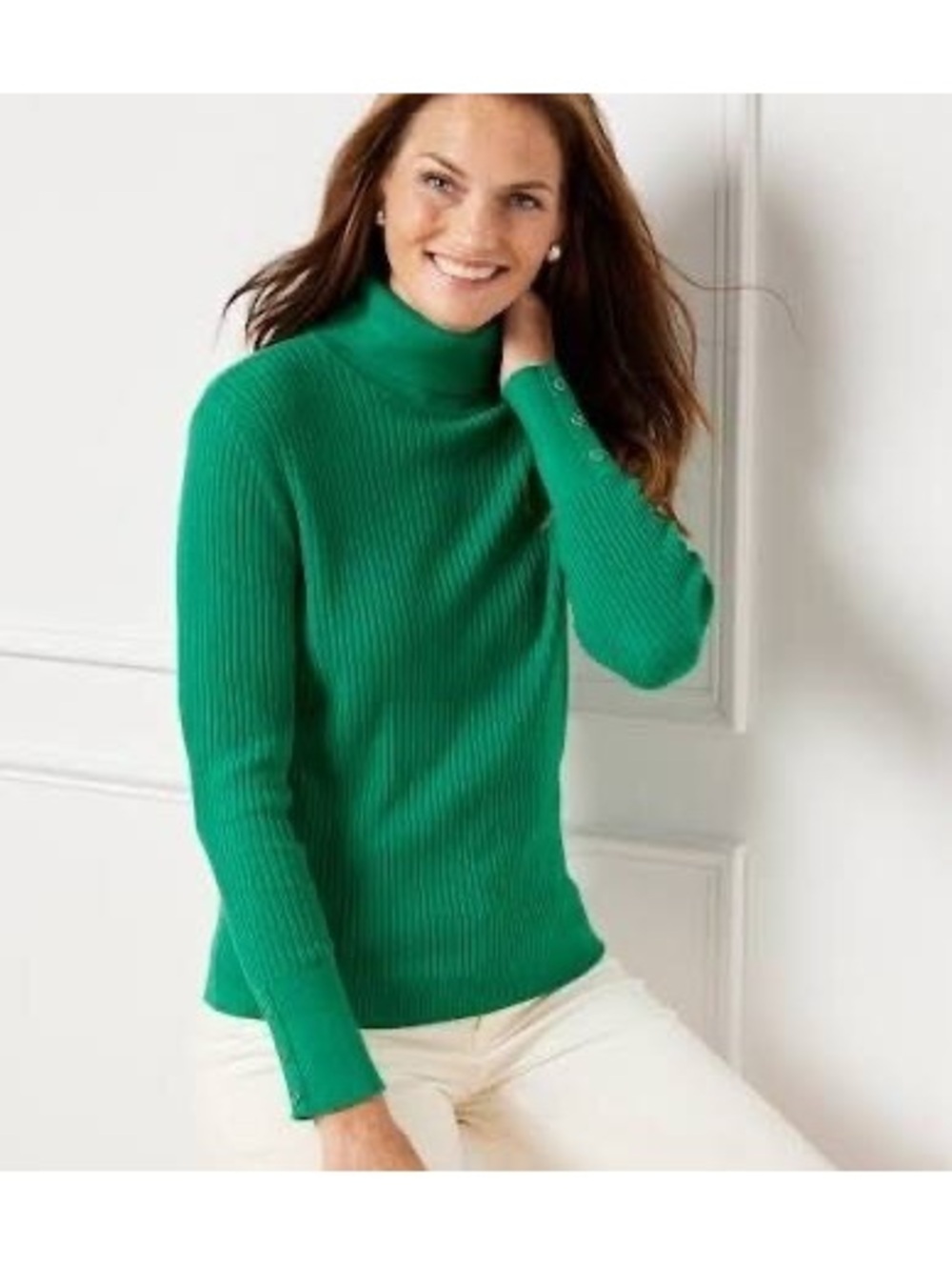 VTG TALBOTS Green Cable Knit Turtleneck Sweater Top Long Sleeve size large